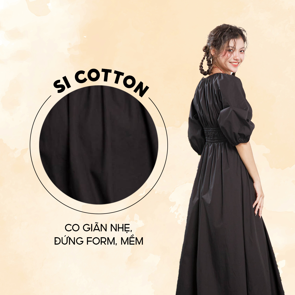 DOTTIE - Đầm midi vải poplin nhún eo - Đen - D0515