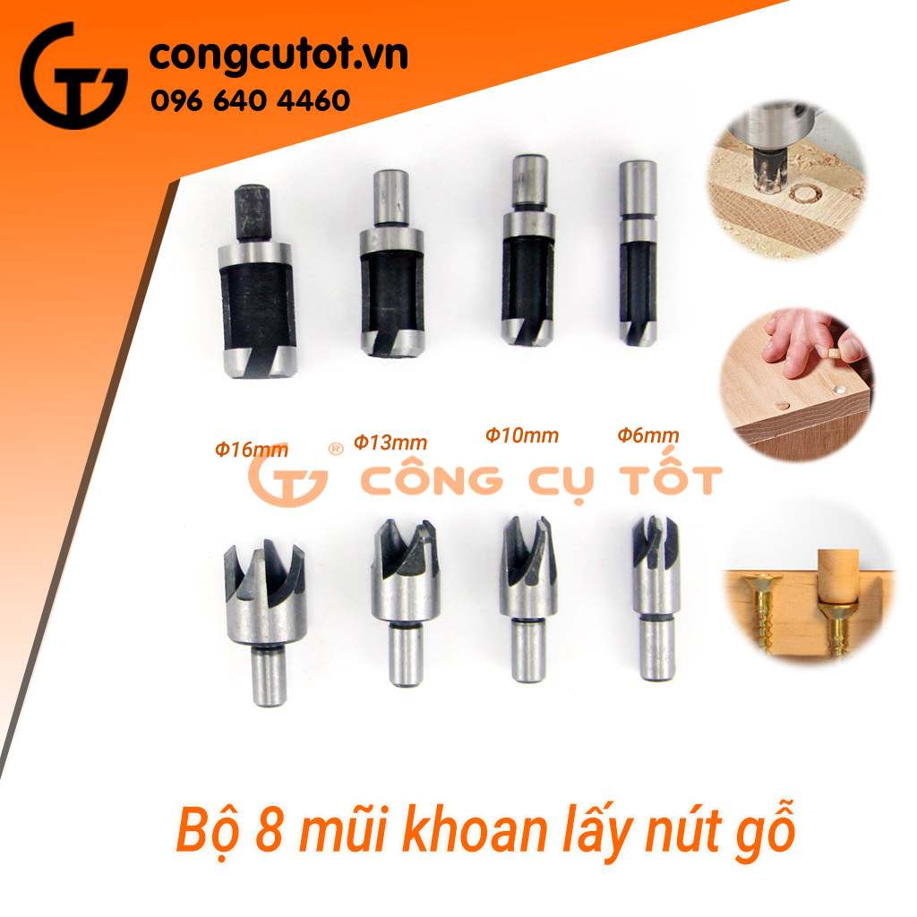 Bộ 8 mũi khoan lấy nút gỗ Φ6MM-Φ16MM