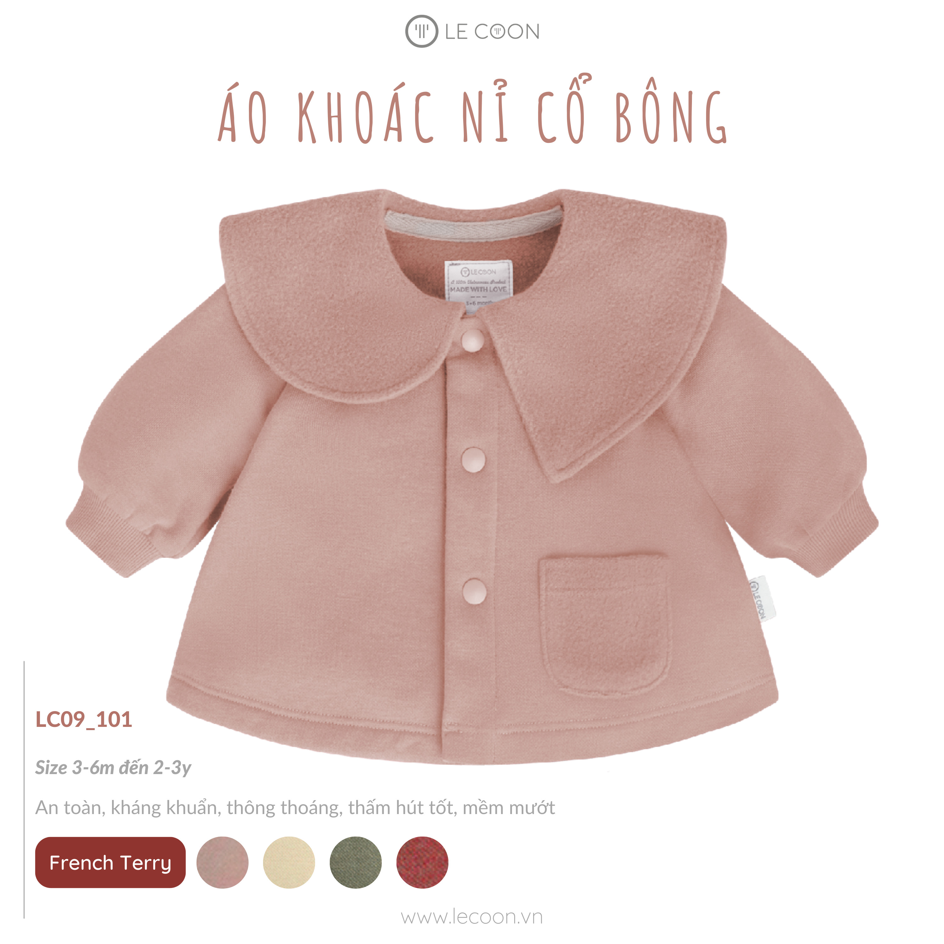 Áo Khoác Nỉ Cổ Bông Le Coon Cho Bé(Size 3-6 Tháng đến 24-36 Tháng)