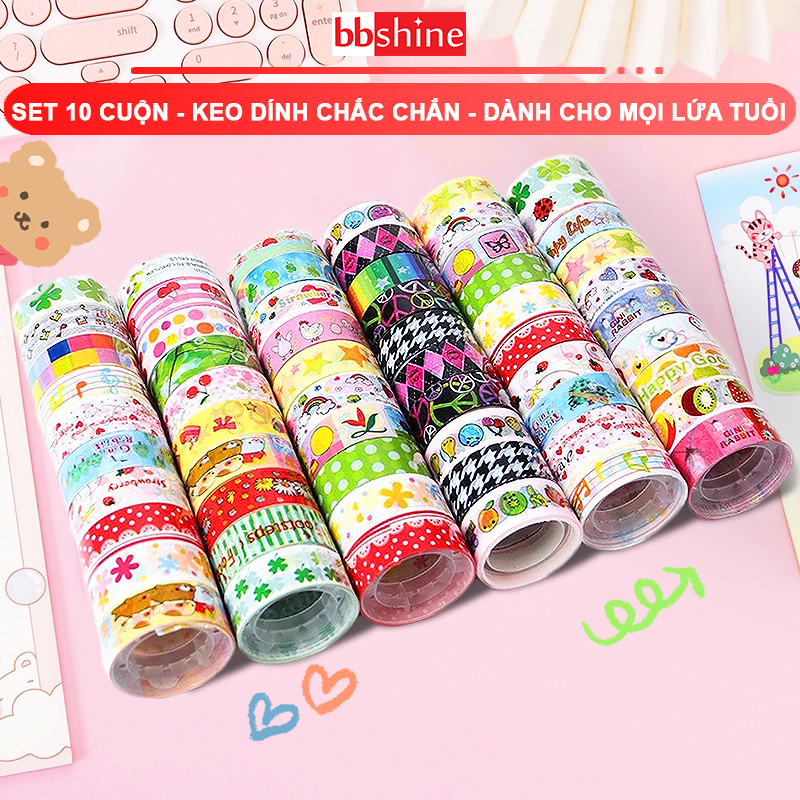 Washi tape trang trí đủ họa tiết BBShine, Set 10 băng keo washi nhiều màu sắc đáng yêu - H023