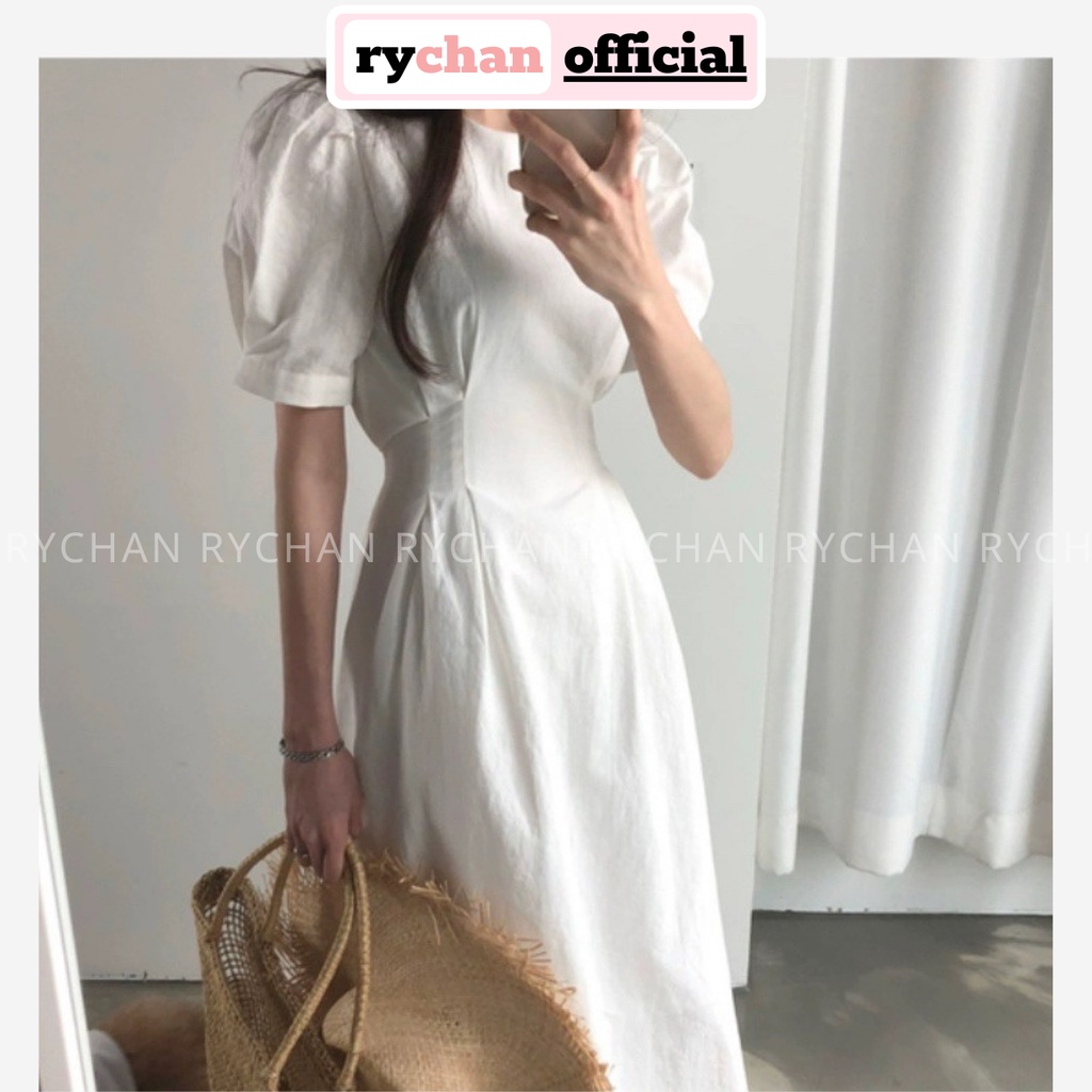 Đầm Xòe Midi Tay Phồng Cột Eo 2 Màu Đơn Giản  - DX0069