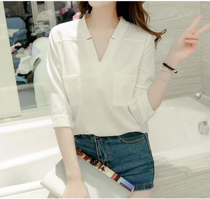 Áo sơ mi nữ công sở cổ V tay lửng 2 túi