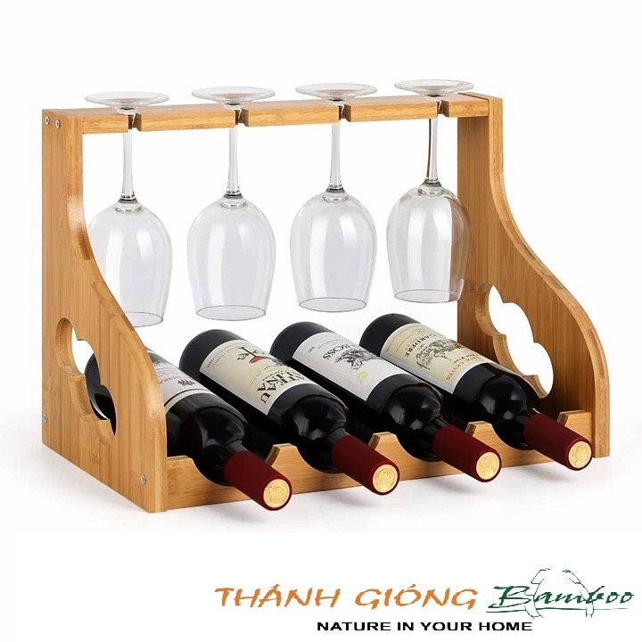 KỆ RƯỢU NGANG 4 CHAI +4 LY