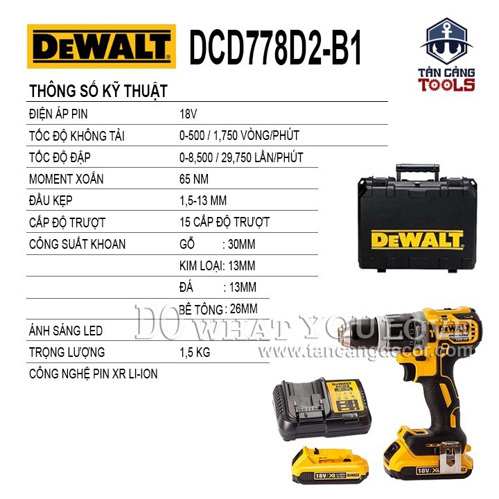 [Trả góp 0%] Máy Khoan Vặn Vít Dùng Pin DeWalt 18V DCD778D2-B1 ( 2 Pin 2.0Ah + 1 Sạc DCB112 )