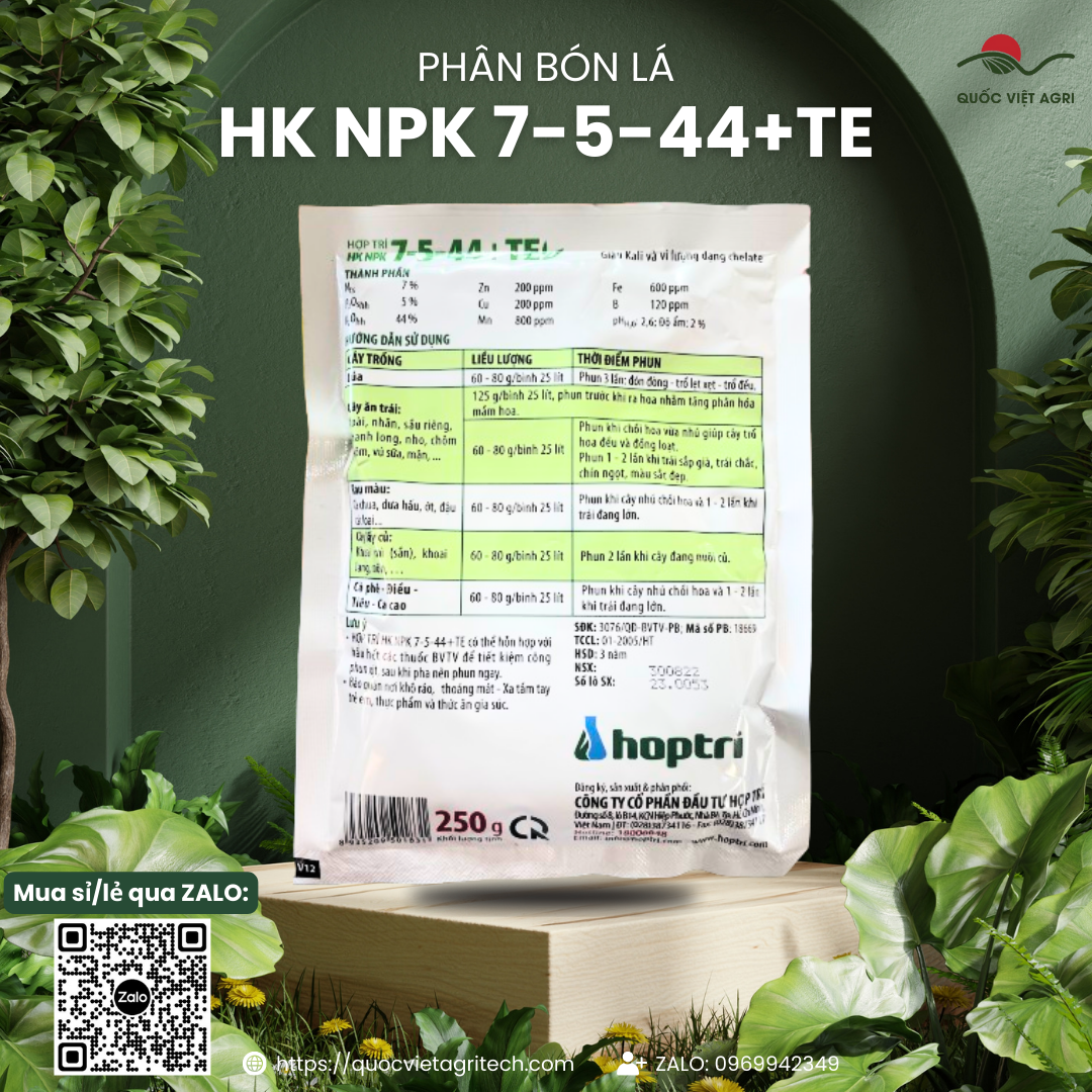 Phân bón lá Hợp Trí HK NPK 7-5-44+TE (gói 250g) - Ngọt trái, Bóng trái