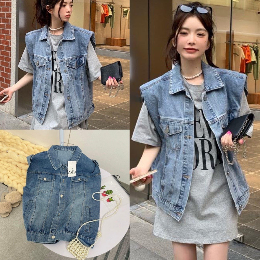 Áo gile jean nữ form rộng trơn bassic màu xanh- áo khoác bò thể thao nam nữ UNISEx áo khoác bò gile áo jean nữ túi hộp áo demmin jackit thời trang hàn quốc áo khoác ngoài áo khoác nhẹ AMELIA