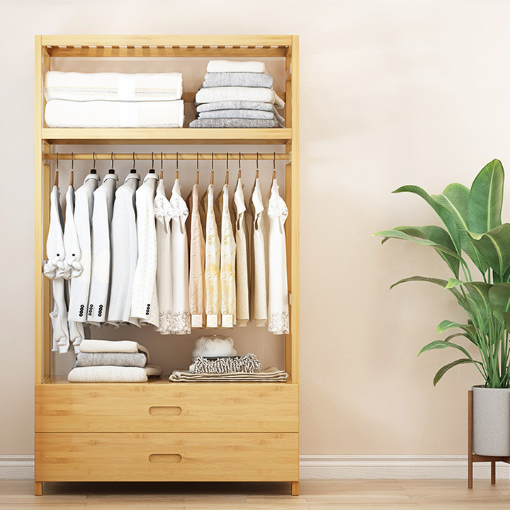 Tủ quần áo gỗ tre 2 ngăn kéo có giá treo đồ thông minh - Kệ để đồ đa năng decor trang trí nhà đẹp