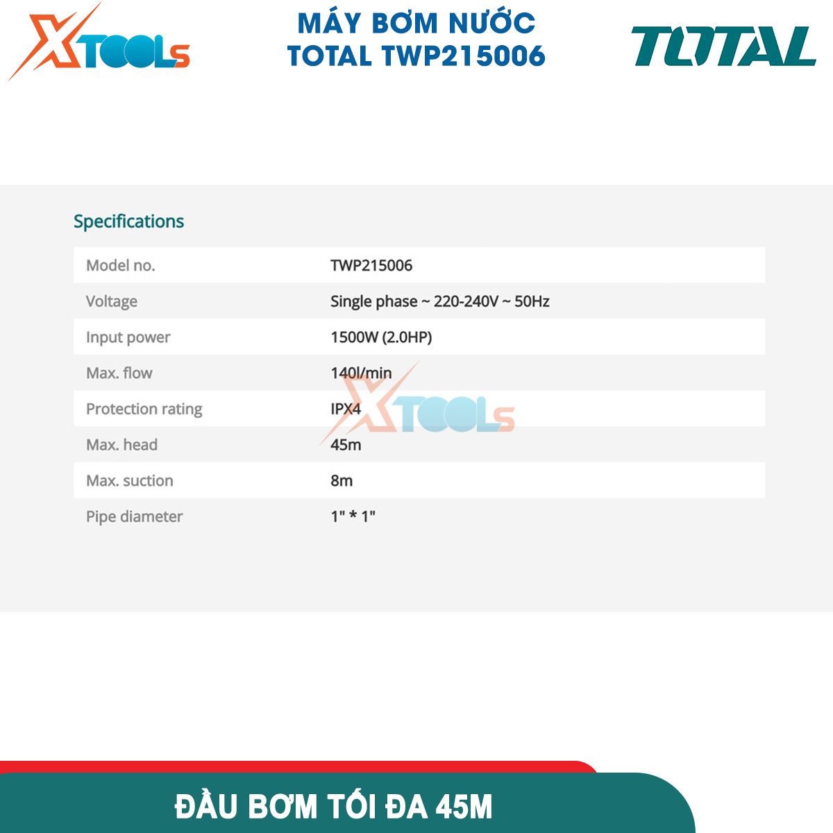 Máy bơm nước đẩy cao 45m 1500w Total lưu luowjgn 140l/p hút sâu 8m, motor bơm dây đồng 100% bảo hành 6 tháng xtools