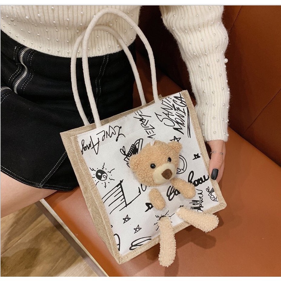 Túi cói gấu brown mini size 21 phong cách vintage cute