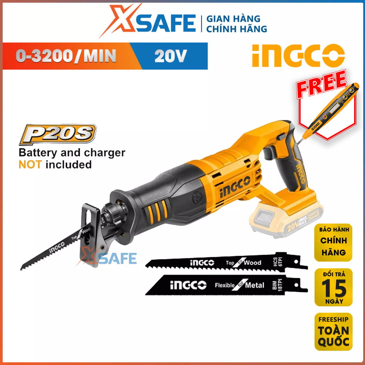 Chainsaw sword used lithium battery 20V ingco CRSLI1151 cutting ability metal 8mm-cut wood 115mm, attached 2 saw blade parasols, distribution genuine xsafe