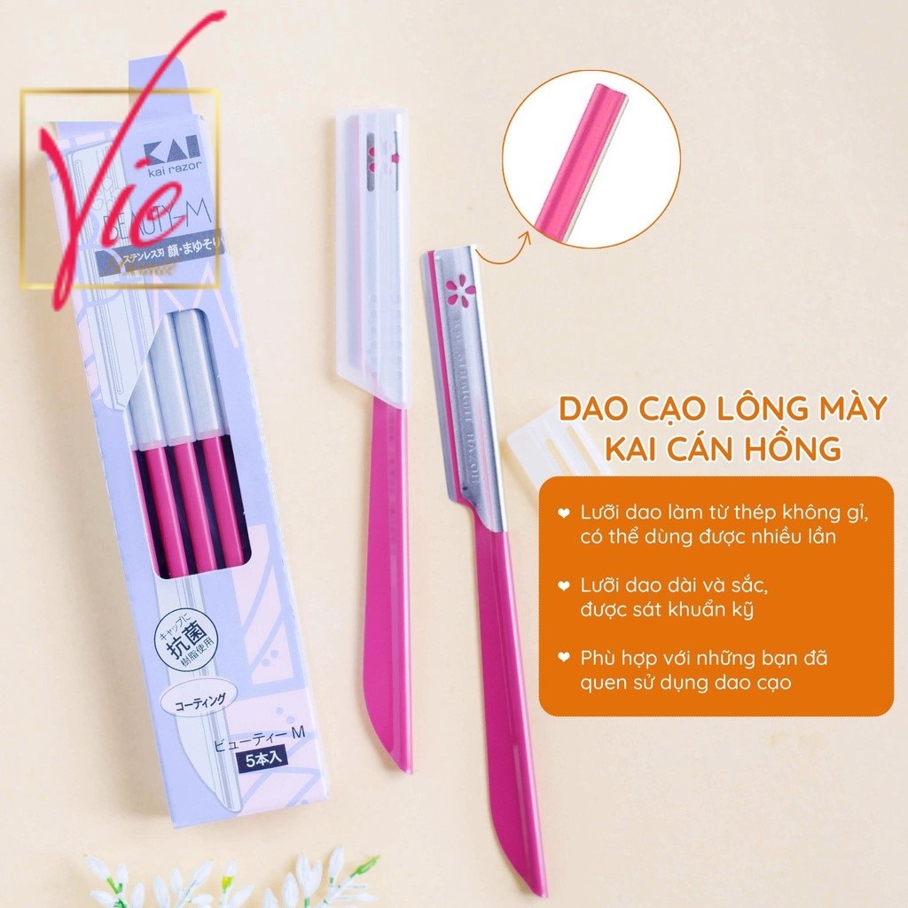 Dao cạo lông mặt lông mày thân kim loại Kai BTM-5F1 cán hồng bộ 5 chiếc màu hồng