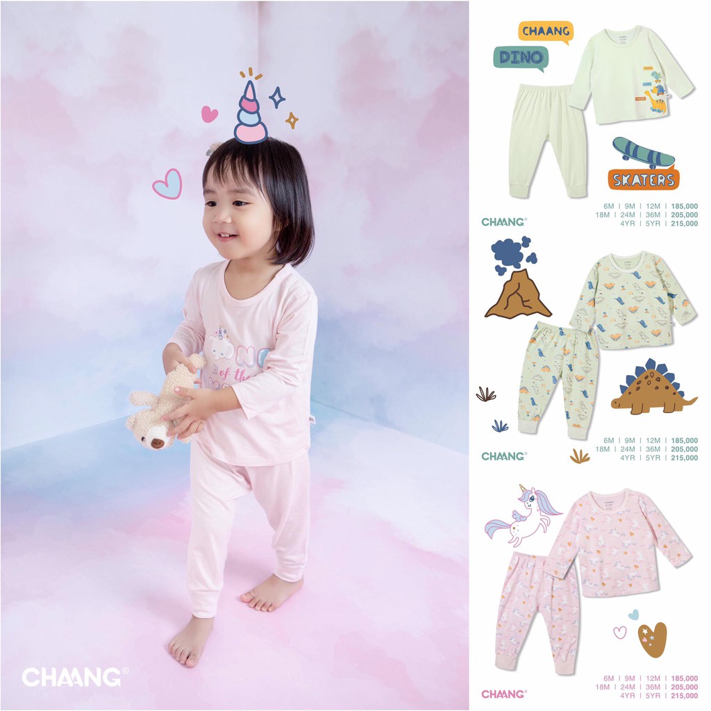 Bộ áo dài tay khuy vai quần dài họa tiết trẻ em Chaang