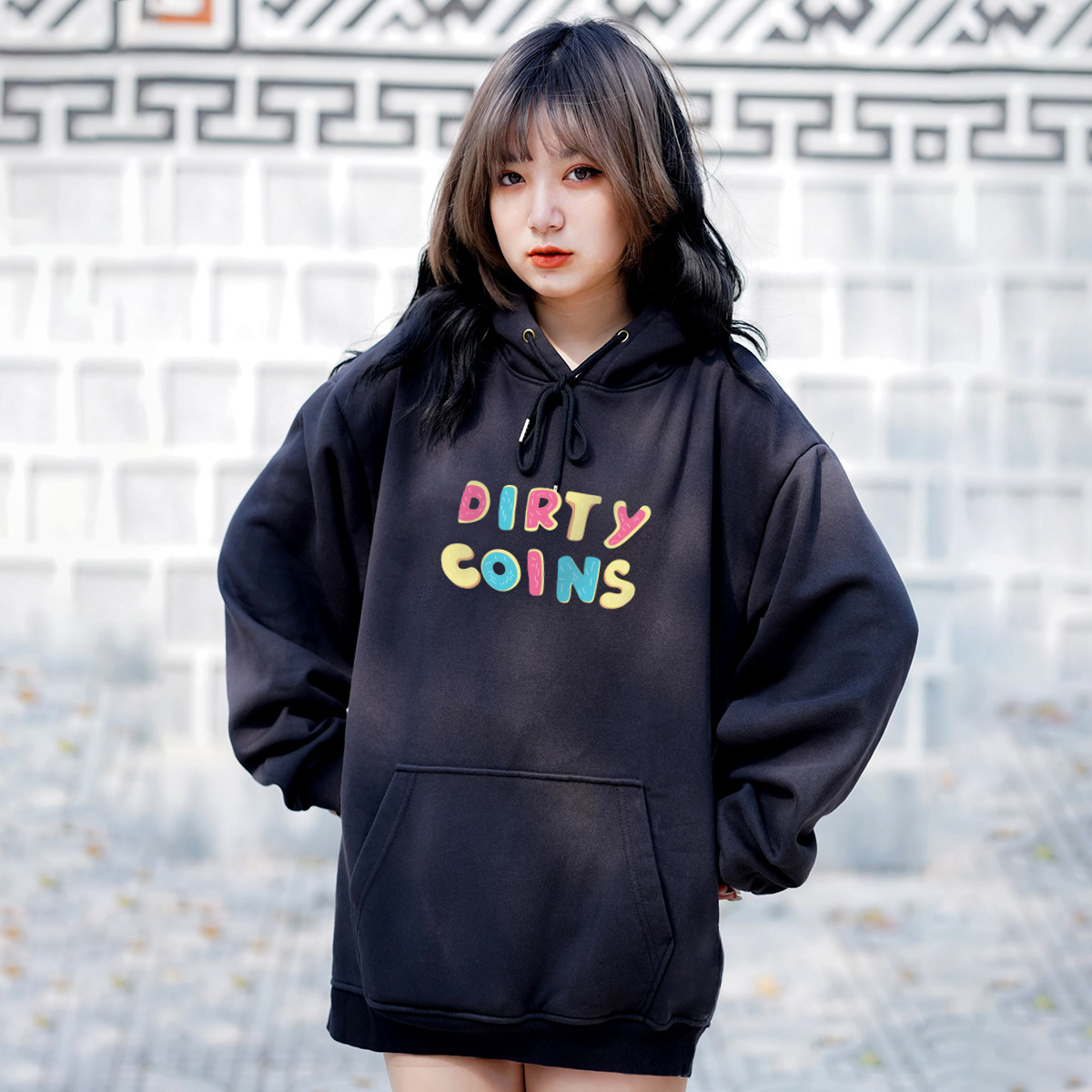 Áo hoodie nỉ màu đen basic Dirty Coins Donut (N10)