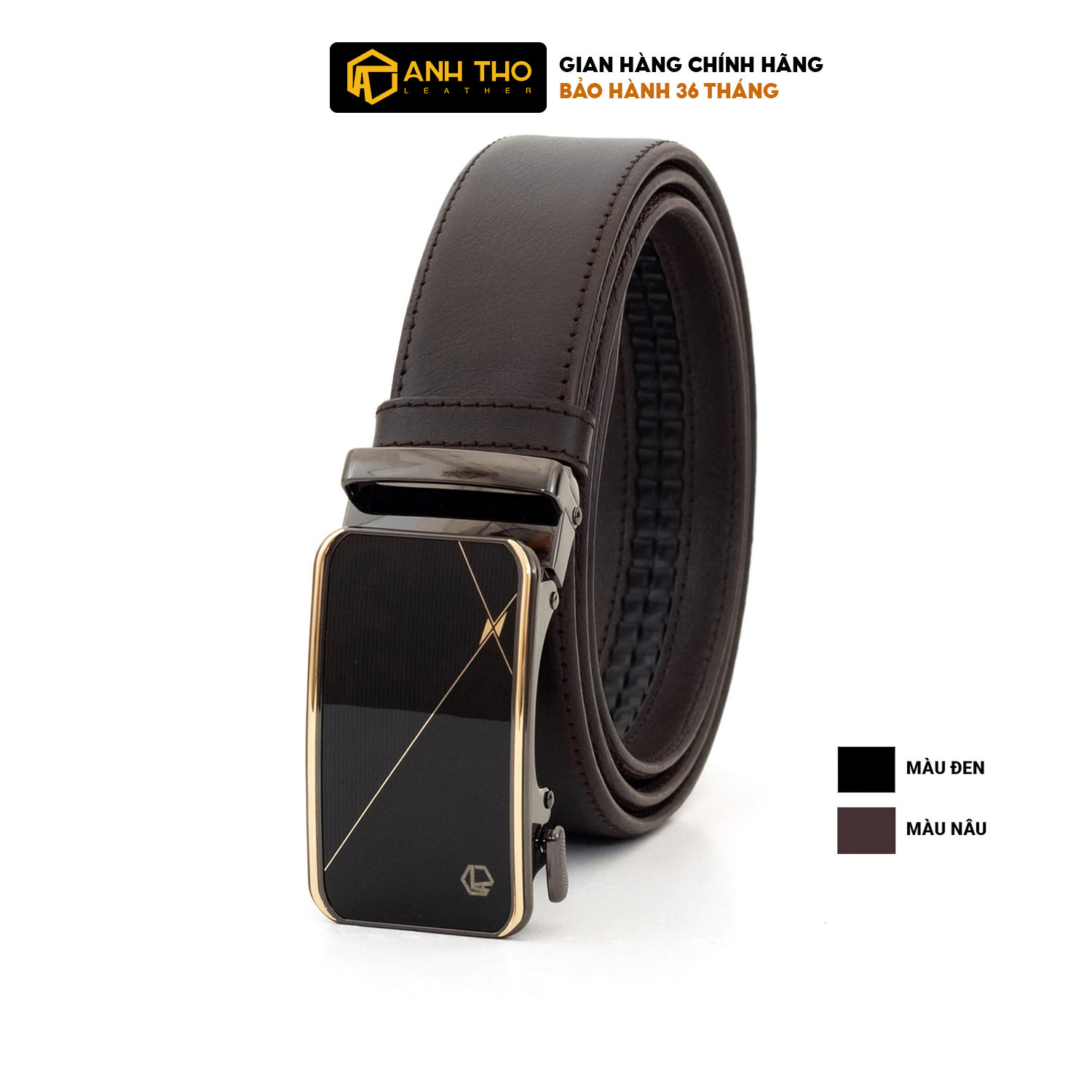 Thắt lưng khoá tự động da bò Nappa MNT4-17 khoá mặt kiếng vàng đen sang trọng, hai màu da đen nâu, Anh Tho Leather