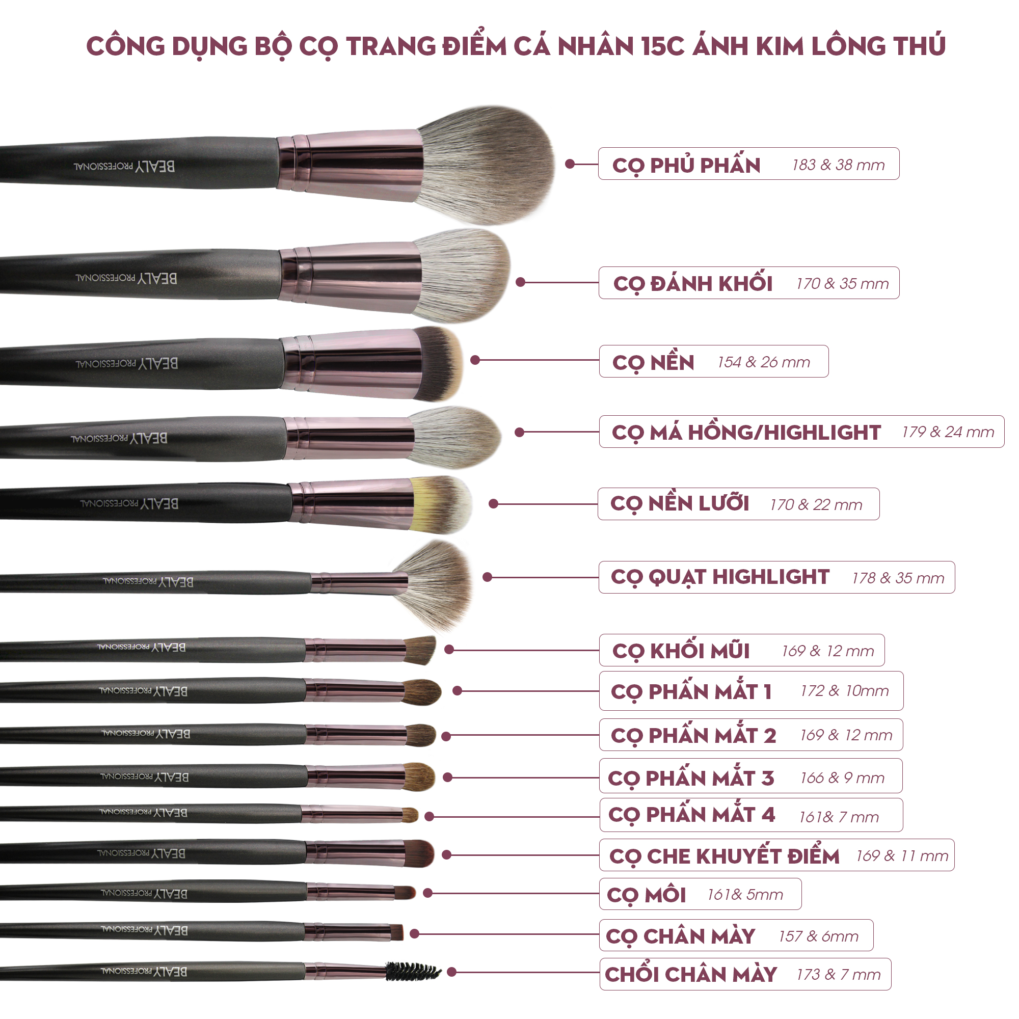 BỘ CỌ TRANG ĐIỂM CÁ NHÂN 15C ÁNH KIM LÔNG THÚ BEALY