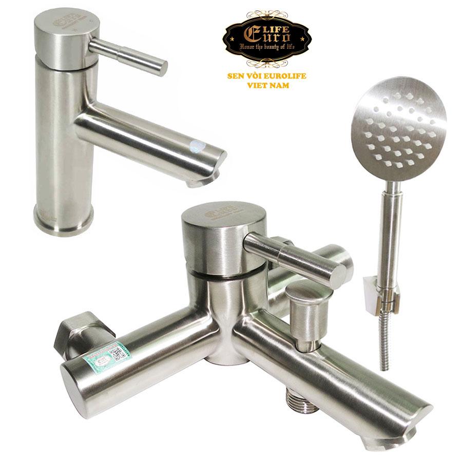 Bộ vòi sen nóng lạnh Inox SUS 304 Eurolife EL-1201 (Trắng bạc) + Vòi lavabo nóng lạnh Inox SUS 304 Eurolife EL-1202