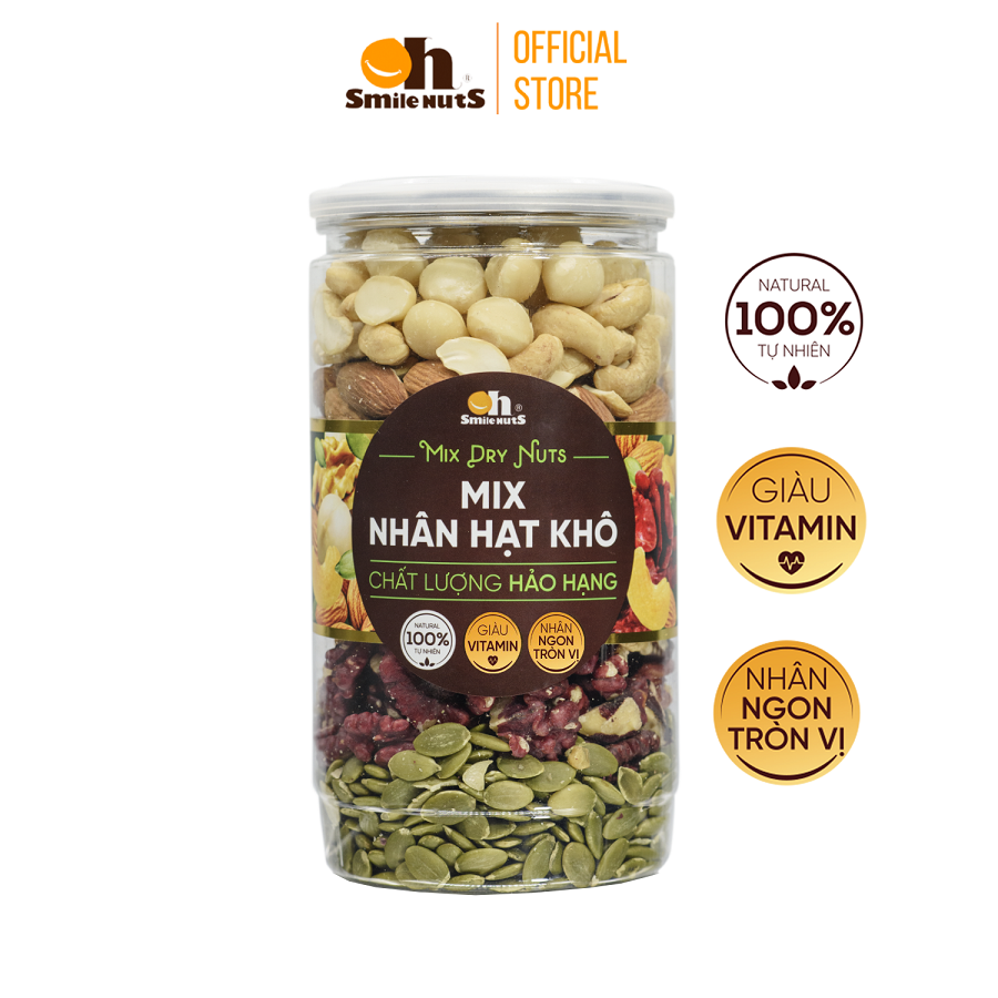Mix nhân các loại hạt dinh dưỡng smilenuts hộp 500g _ gồm nhân óc chó đỏ mỹ, nhân óc chó vàng chile, hạnh nhân tách vỏ mỹ, nhân hạt macca úc, nhân hạt điều bình phước, nhân hạt bí xanh