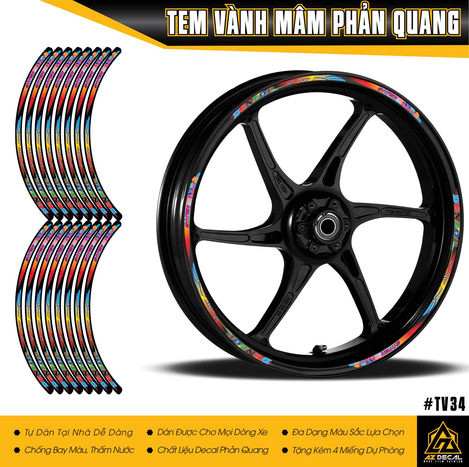 Tem Chỉ Mâm Xe Máy Mẫu 7 Màu | TV34 | Decal Dán Vành Xe Máy Phản Quang, Chống Nước, Dễ Sử Dụng | Azdecal