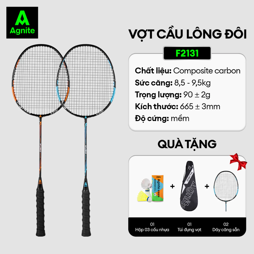 Bộ 2 vợt cầu lông cao cấp Agnite Deli F2131, chất liệu hợp kim nhôm carbon siêu bền nhẹ