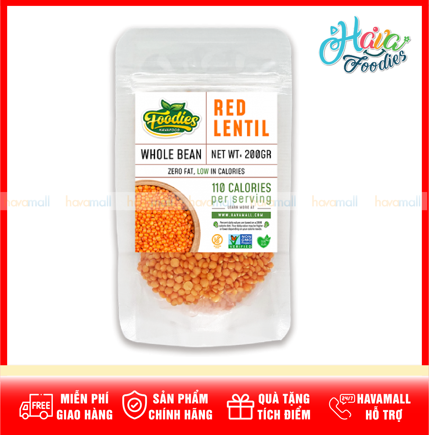 Đậu Lăng Đỏ Tách Đôi Hữu Cơ Havafood (Organic Dehulled Red Lentils) 250gr