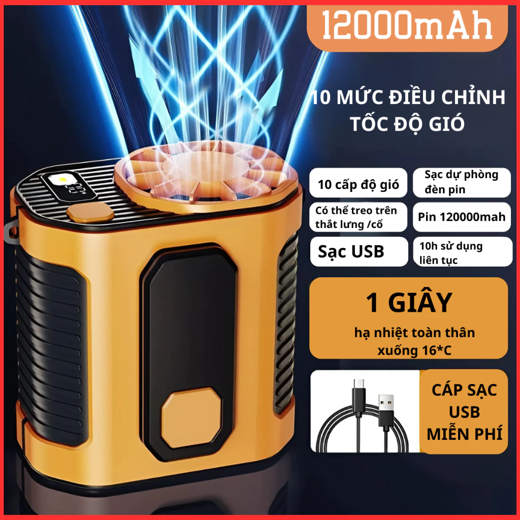  Quạt Đeo Thắt Lưng Pin 10000mAh  – 10 Cấp Độ Gió Đeo Hông Đeo Cổ Quạt Điều Hòa Mini Dùng 10H ̣bảo hành 12 tháng 