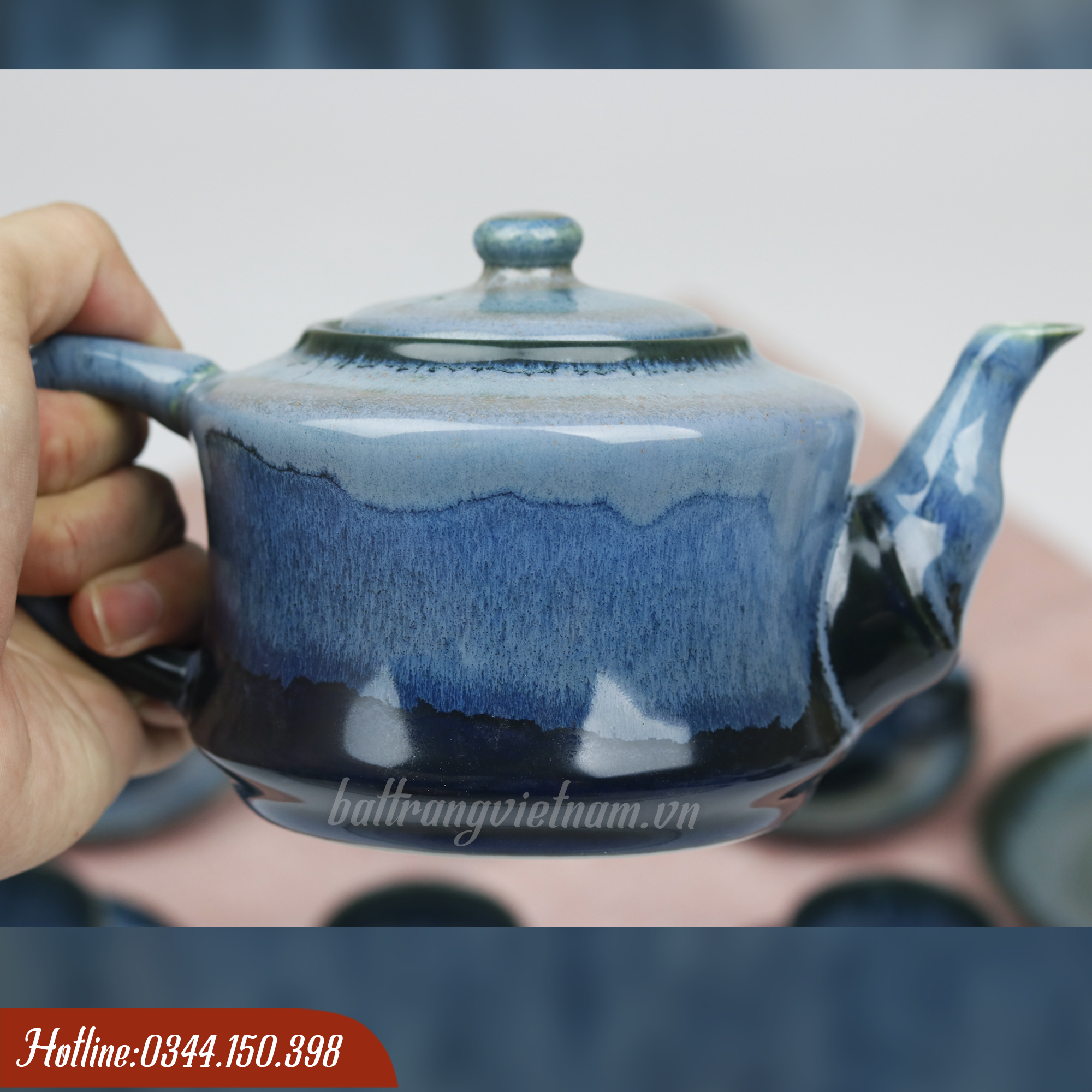 Bộ ấm chén men hỏa biến Bát Tràng màu xanh đá 2