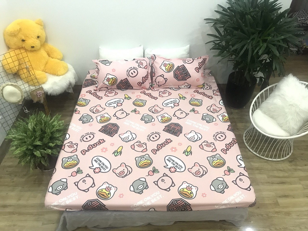 Bộ ga gối,ga trải giường 1m6/1m8 gồm 1ga 2 vỏ gối mẫu heo hồng nhí nhố Bà Béo Kho chăn ga gối, ga giường, drap giường