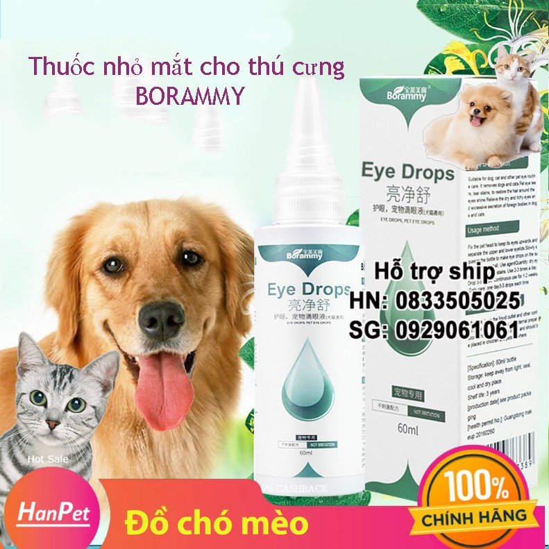 Hanpet - Chai 60ml Dung dịch nhỏ mắt & tai chó mèo Dụng cụ chống viêm tai giữa và thối tai trên chó và mèo vệ sinh mắt