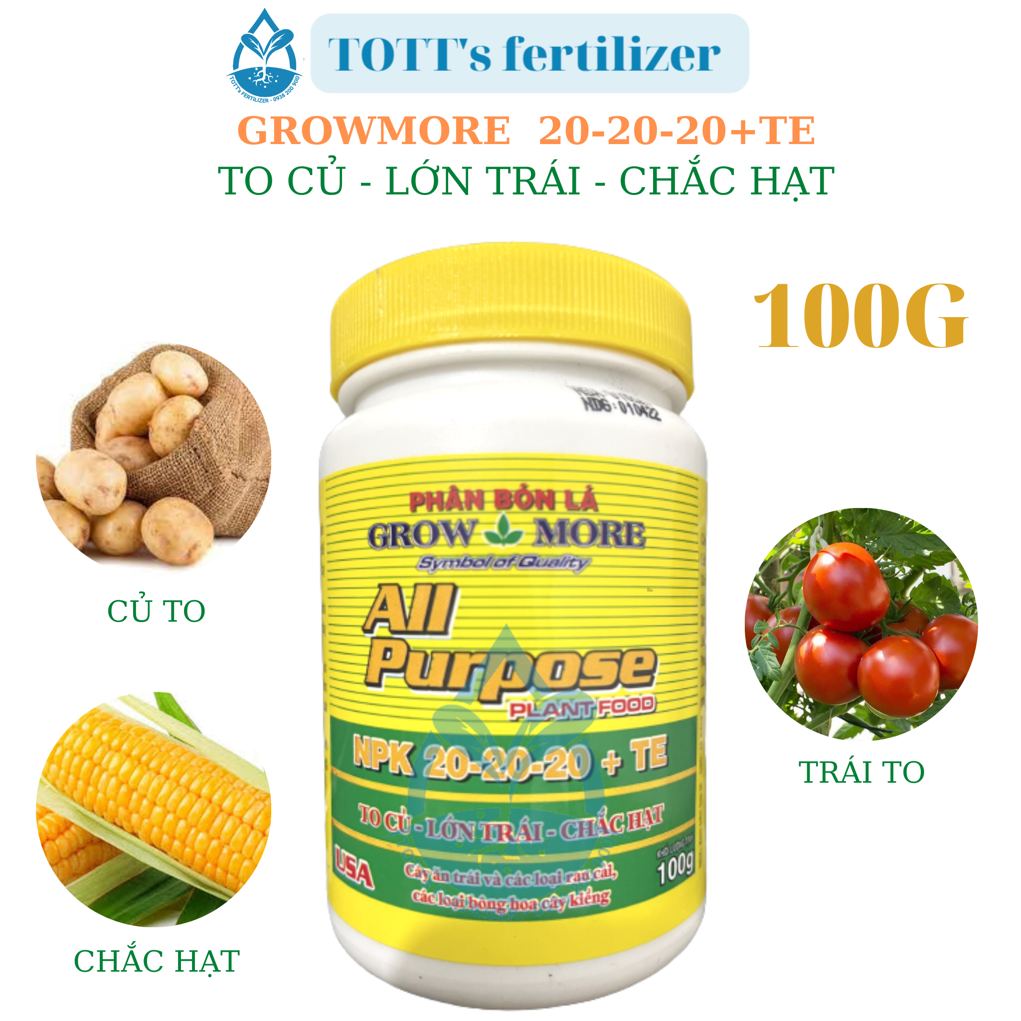 [HCM]Phân Bón NPK Hoa Cây Kiểng Phong Lan GrowMore 20-20-20 hủ 100gr Phân Bón Lá 202020 Phân Bón Chất Lượng Npk 202020