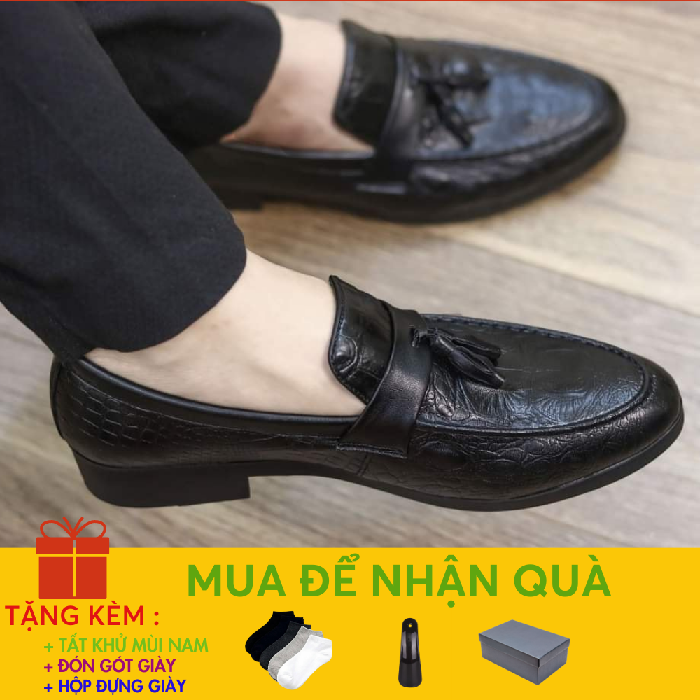 Giày Lười Nam Da Công Sở Dập Vân Cá Sấu Có Chuông _ Mã G02