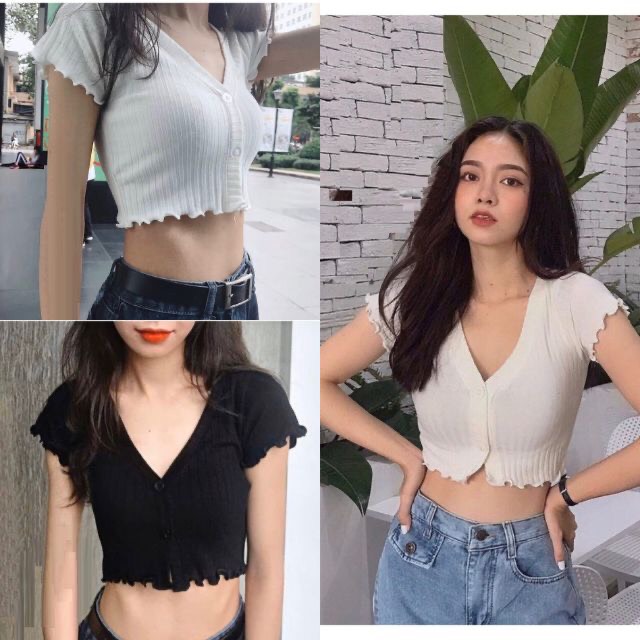 Áo croptop cài cúc, 2 nút cuốn biên siêu sexy