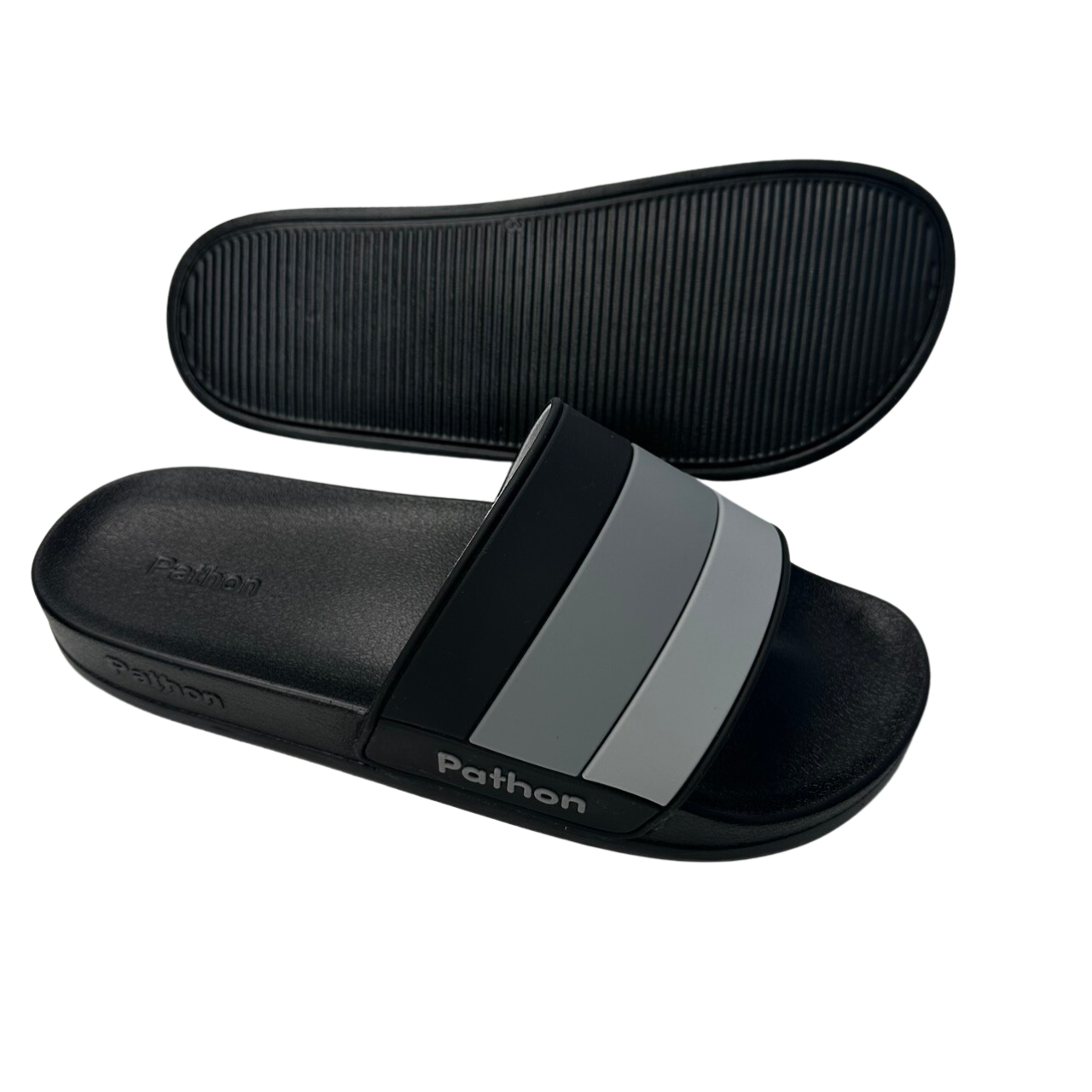 Dép nam nữ quai ngang slipper Pathon quai PVC và đế PU đen quai xọc xám đen lớn SD120