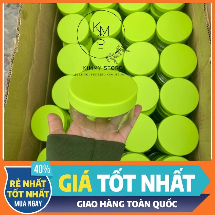 Lẻ hủ nhựa kiếng dẹp đựng kem 200g trong suốt nắp xanh lá