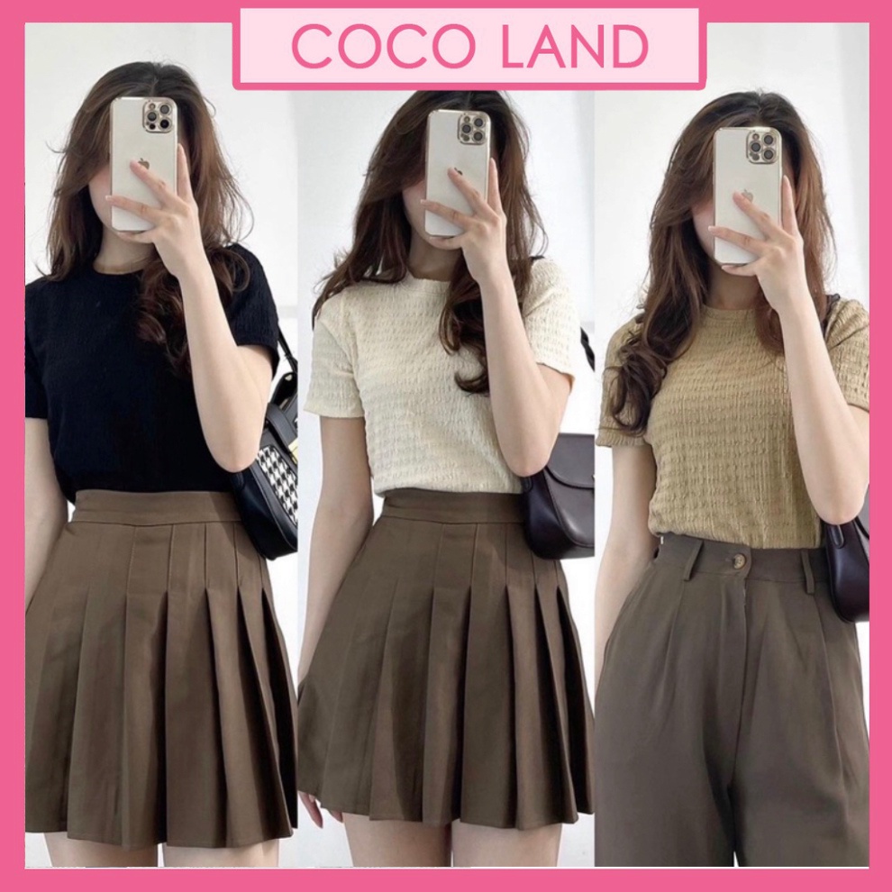 Áo xốp nhăn cổ tròn cộc tay baby tee Áo thun cộc tay nữ form vừa coco land babydoll ulzzang dáng dài croptop