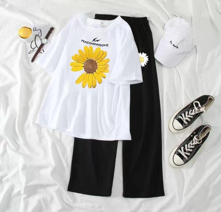 [Siêu Chất 38] Sét Bộ Đồ Quần Áo Nữ Ngắn Tay Siêu Xinh Cute Áo Cotton In Họa Tiết Dễ Thương Kèm Quần Ống Rộng Thun Cát