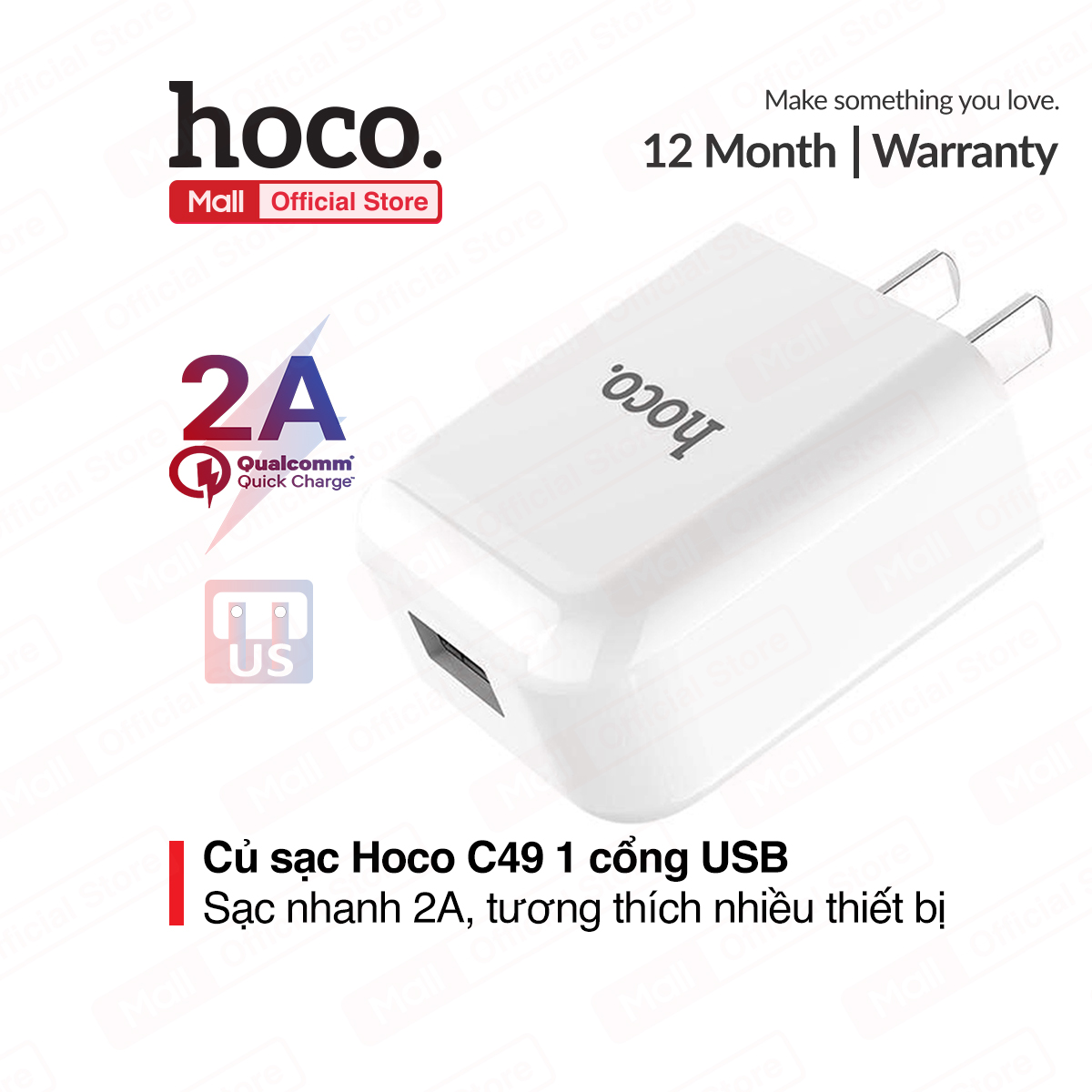 Củ sạc nhanh hoco c49 hỗ trợ sạc nhanh 2.0a - tiêu chuẩn u.s