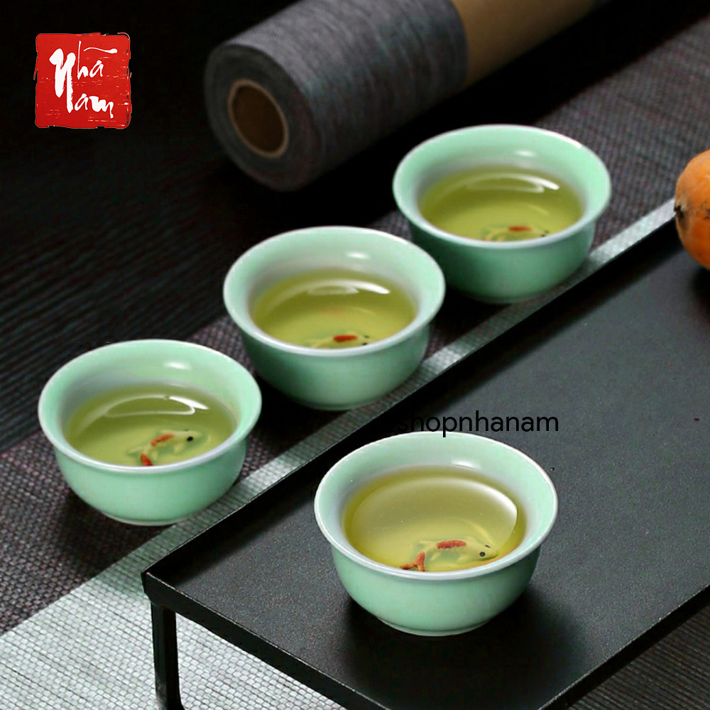 Chén gốm sứ cá chép 3d men ngọc