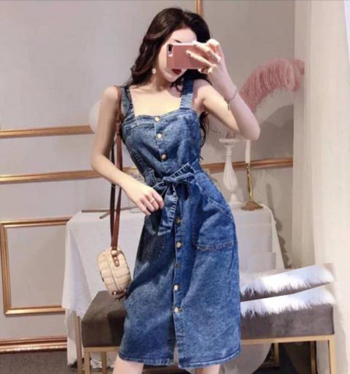 Đầm Yếm Jean Nữ Thắt Dây Eo Thời Trang
