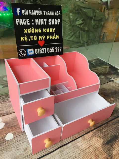 Kệ mỹ phẩm 35cm max hồng phấn mới núm gỗ