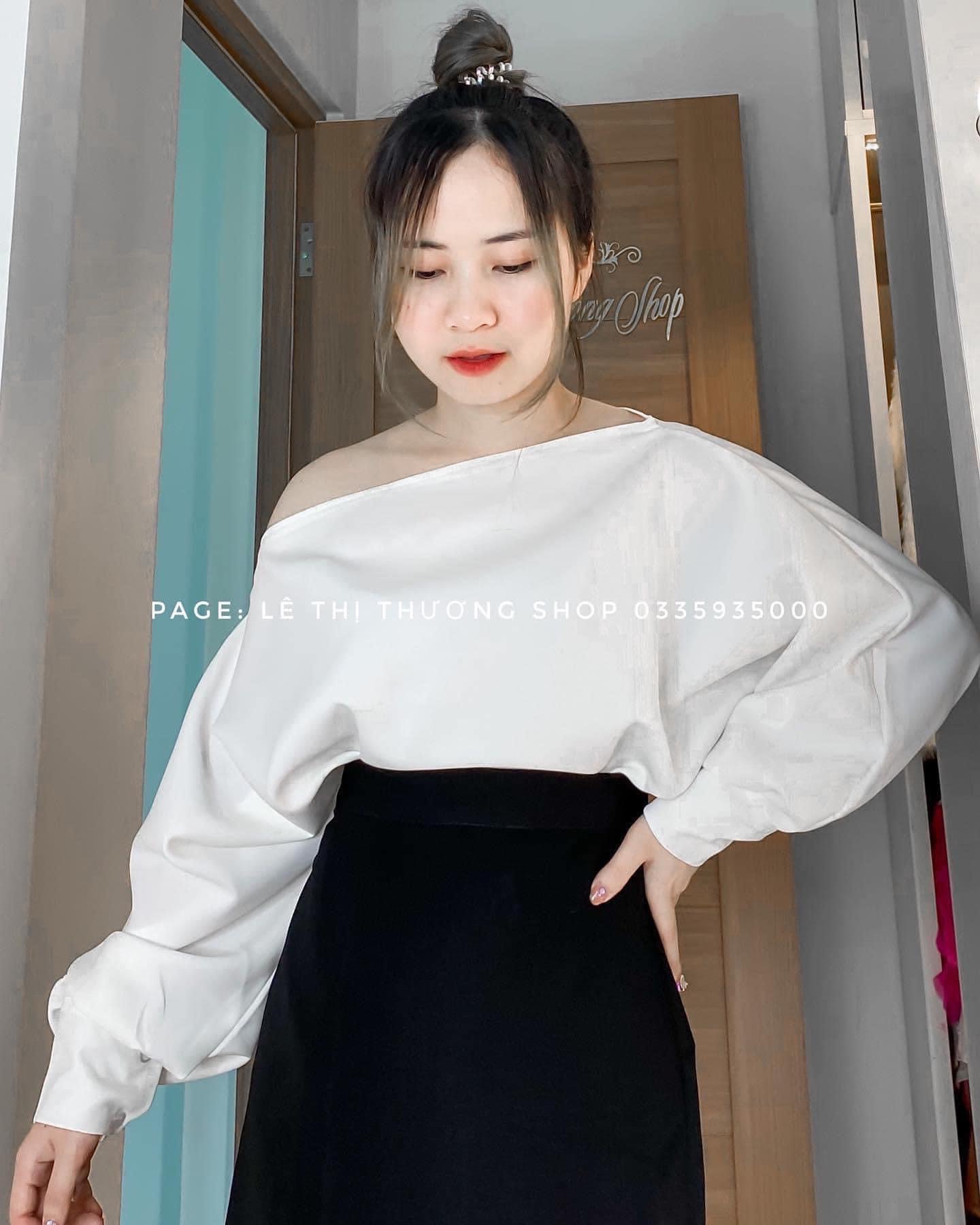 Set váy xẻ tà + áo lệch vai tay bồng