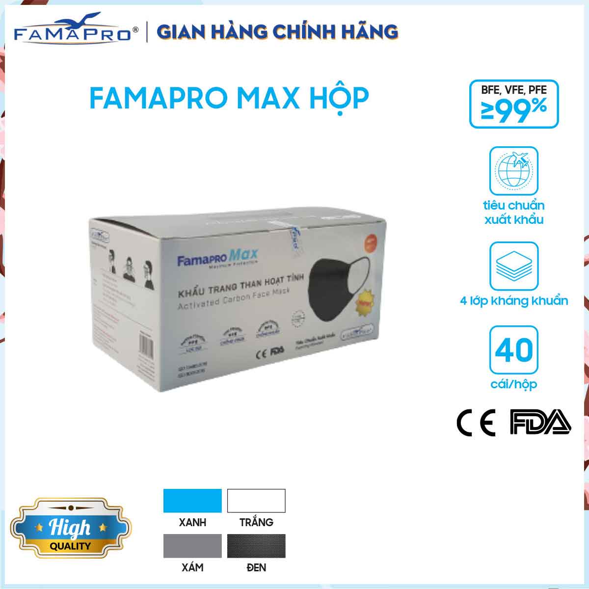 Khẩu trang y tế cao cấp 4 lớp Famapro Max kháng khuẩn (40 cái / Hộp)
