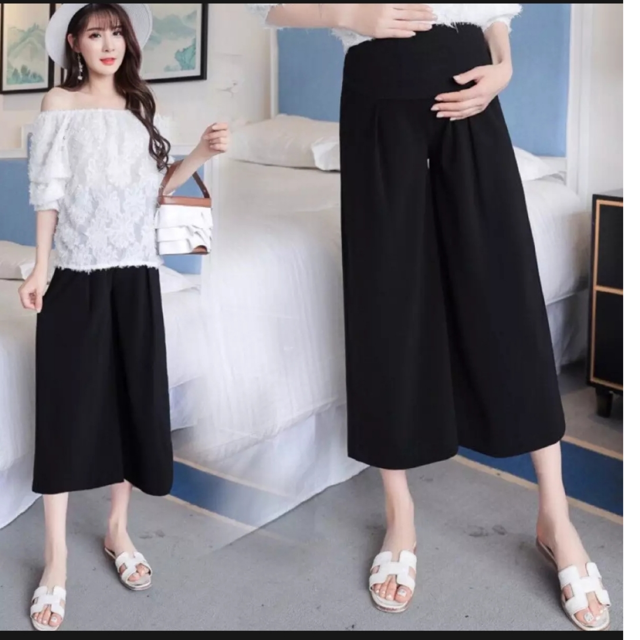 Quần ngố lửng bầu ống rộng chất đũi mặc mát