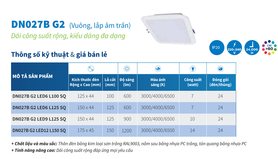 Bộ đèn âm trần Philips vuông DN027B G2 LED (6,9,12) công suất (7W,10W,14W)