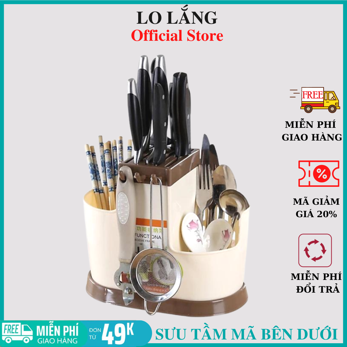 Ống cắm đũa khiêm kệ nhà bếp đa năng có nhiều móc và khe cắm dao treo đồ tiện lợi nhựa Việt Nhật cao cấp