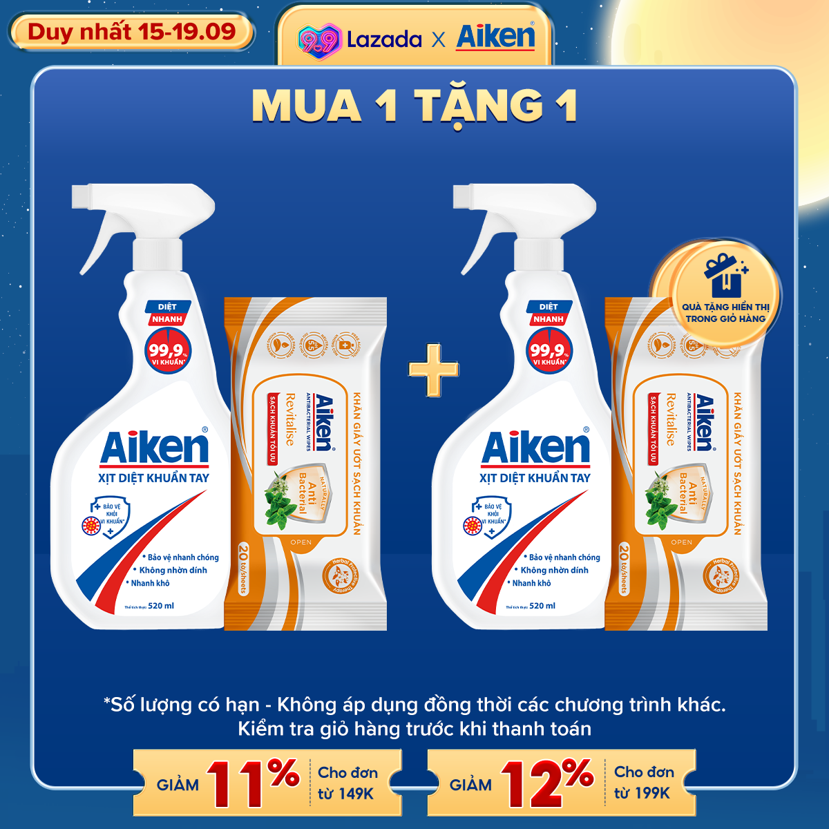 Aiken Xịt diệt khuẩn 520ml + Khăn ướt 20 tờ