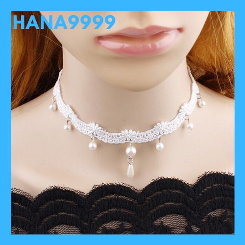 [HCM] women's choker necklace white lace applique Pearl water drop luxury enclosed Video