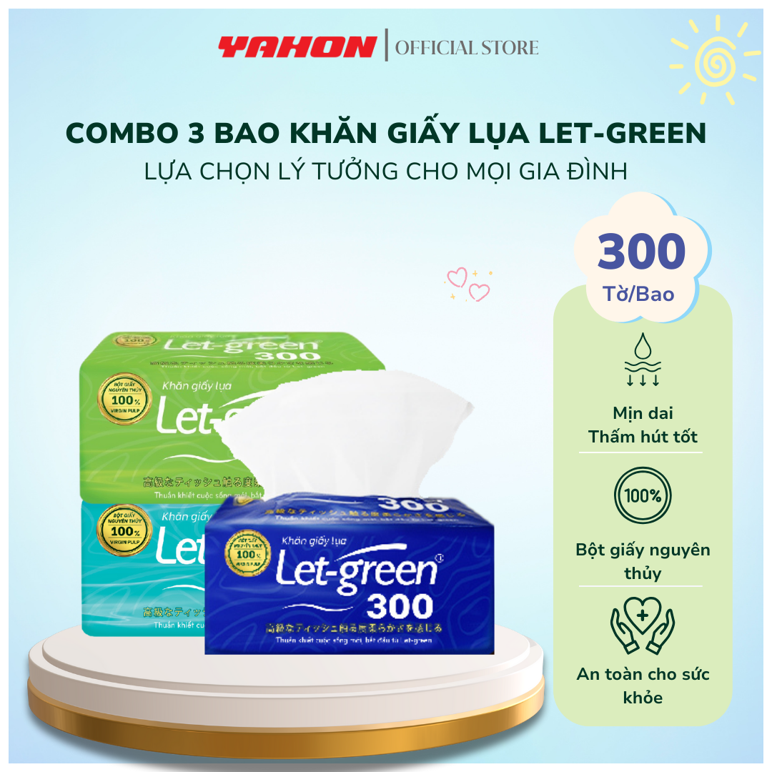 Khăn Giấy Lụa LET-GREEN 300 Tờ, 2 Lớp/Tờ | Bột Giấy Nguyên Thủy, An Toàn Tiện Lợi
