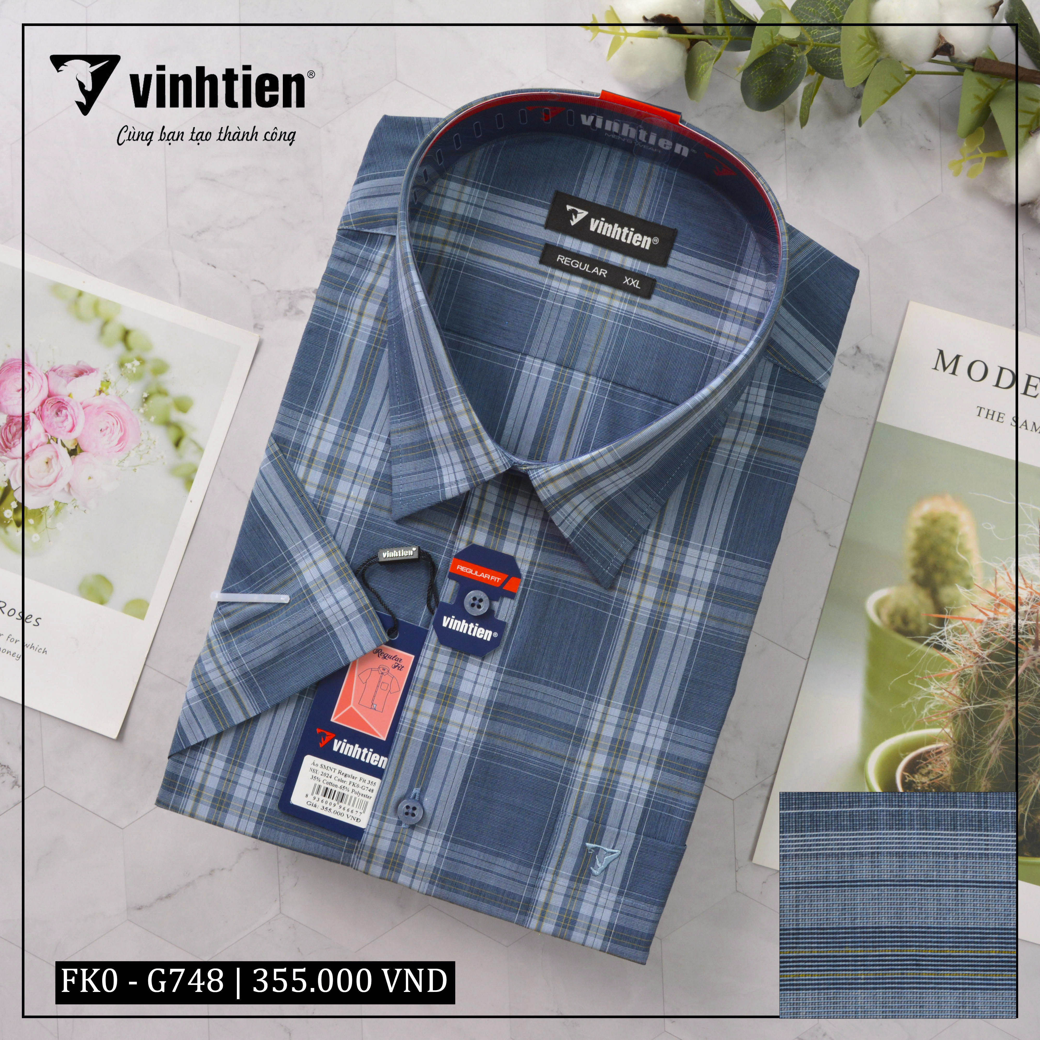 (Freeship Max)[HCM]Áo Sơ Mi Ngắn Tay Sọc Caro Vạt Ngang Form Regular Vĩnh Tiến 355.1