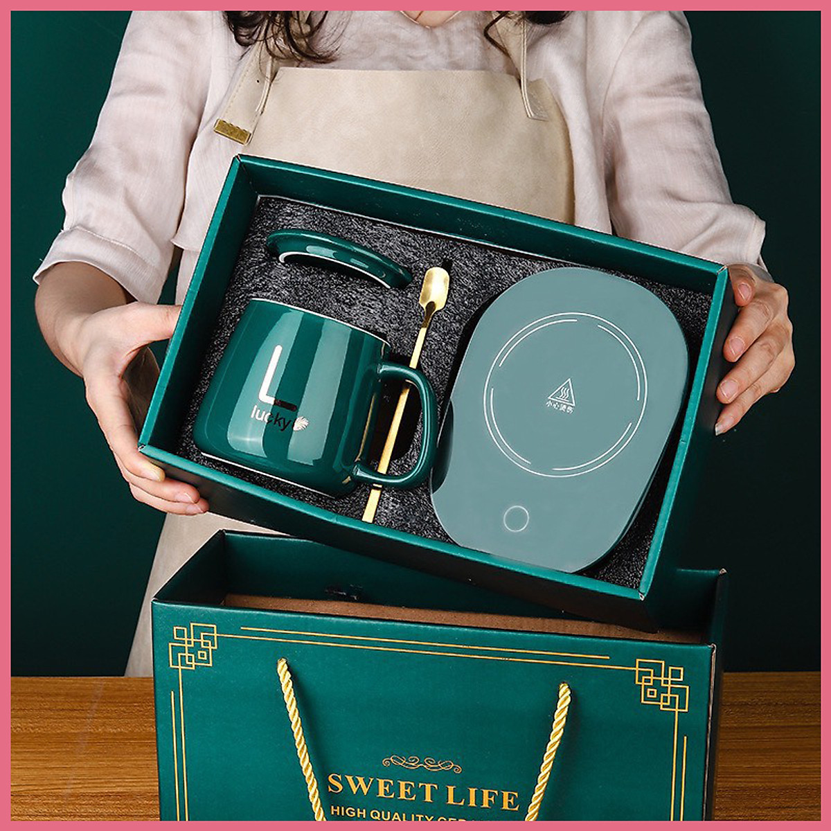Cốc hâm nóng đồ uống kèm đế điện, bộ ly sứ kèm đế điện hâm nóng trà, cafe, hâm sữa + tặng kèm thìa vàng, hộp sang trọng