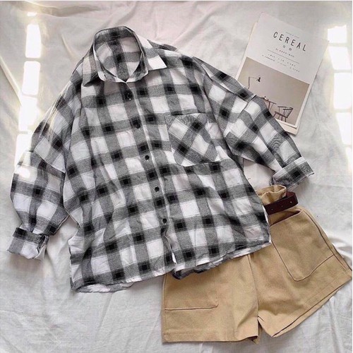 Áo sơ mi oversize caro đen trắng